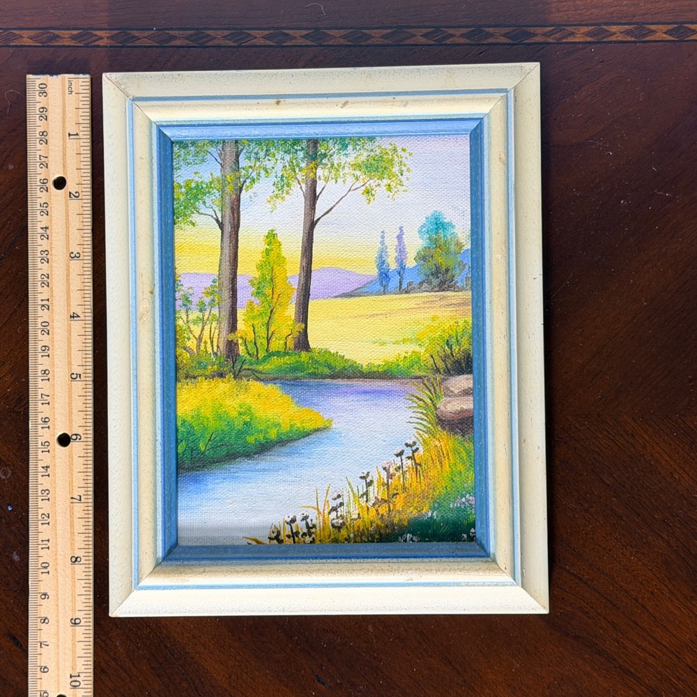 Vintage Pair Hand Painted Canvas Landscape Art Framed Lake River Scenes - Picture 4 of 13